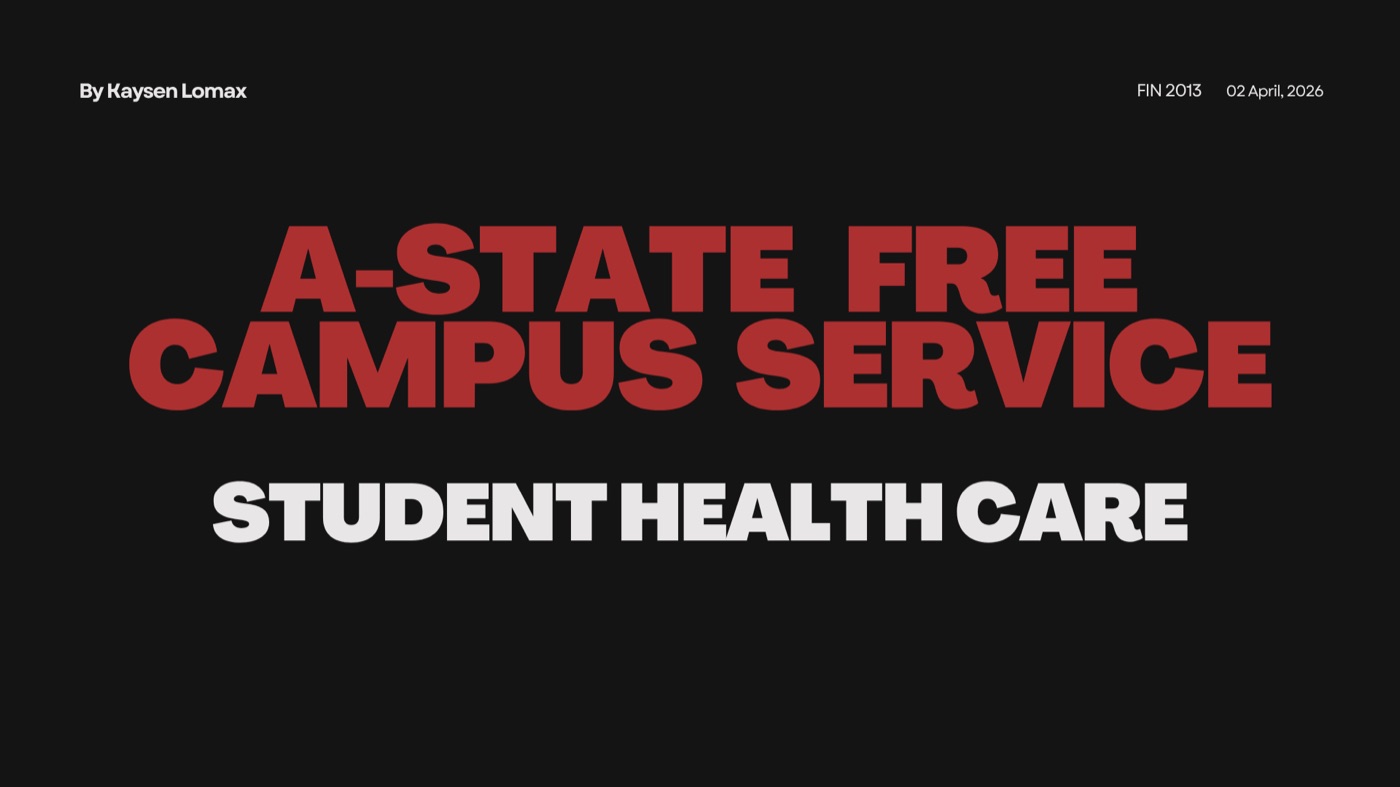 Black slide with huge red and white type reading A-State Free Campus Service, Student Health Care