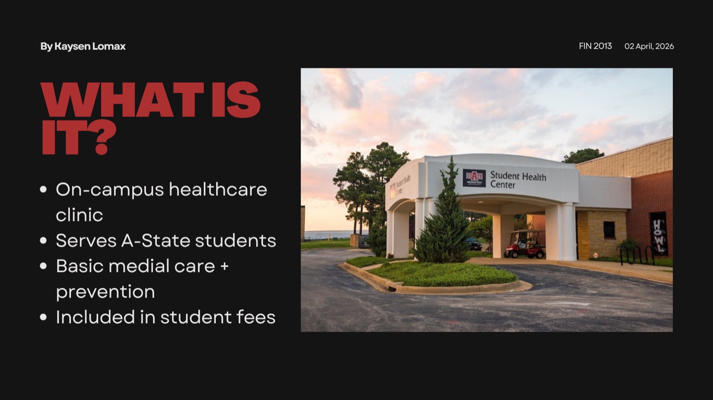 Slide titled What is it with a photo of the student health center