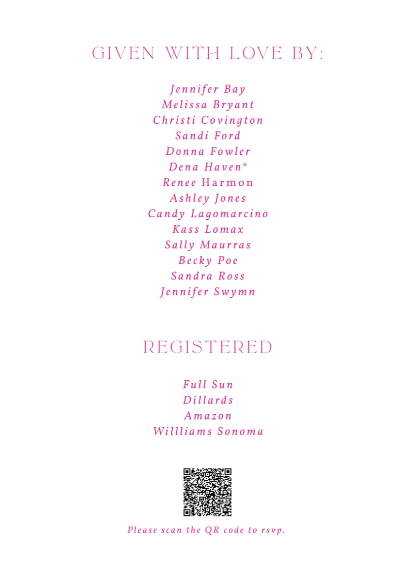 Invitation back listing hosts, registry, and an RSVP QR code in pink serif