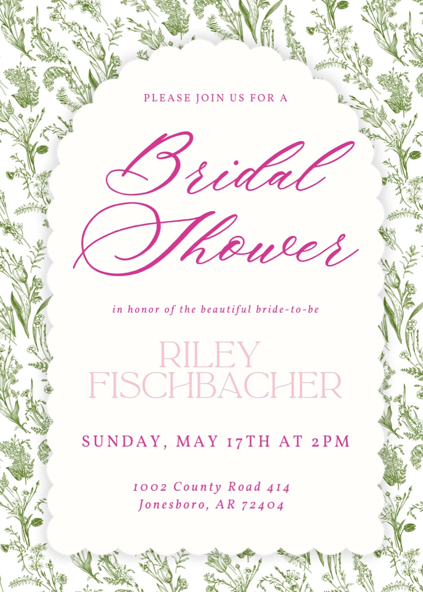 Bridal shower invitation with a green botanical border and pink script