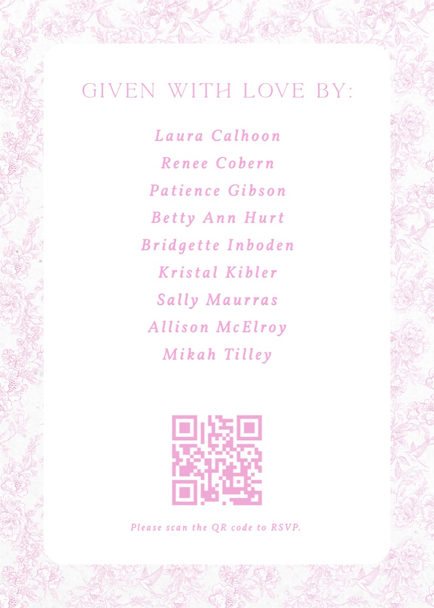 Invitation back on pink toile listing nine hosts and an RSVP QR code