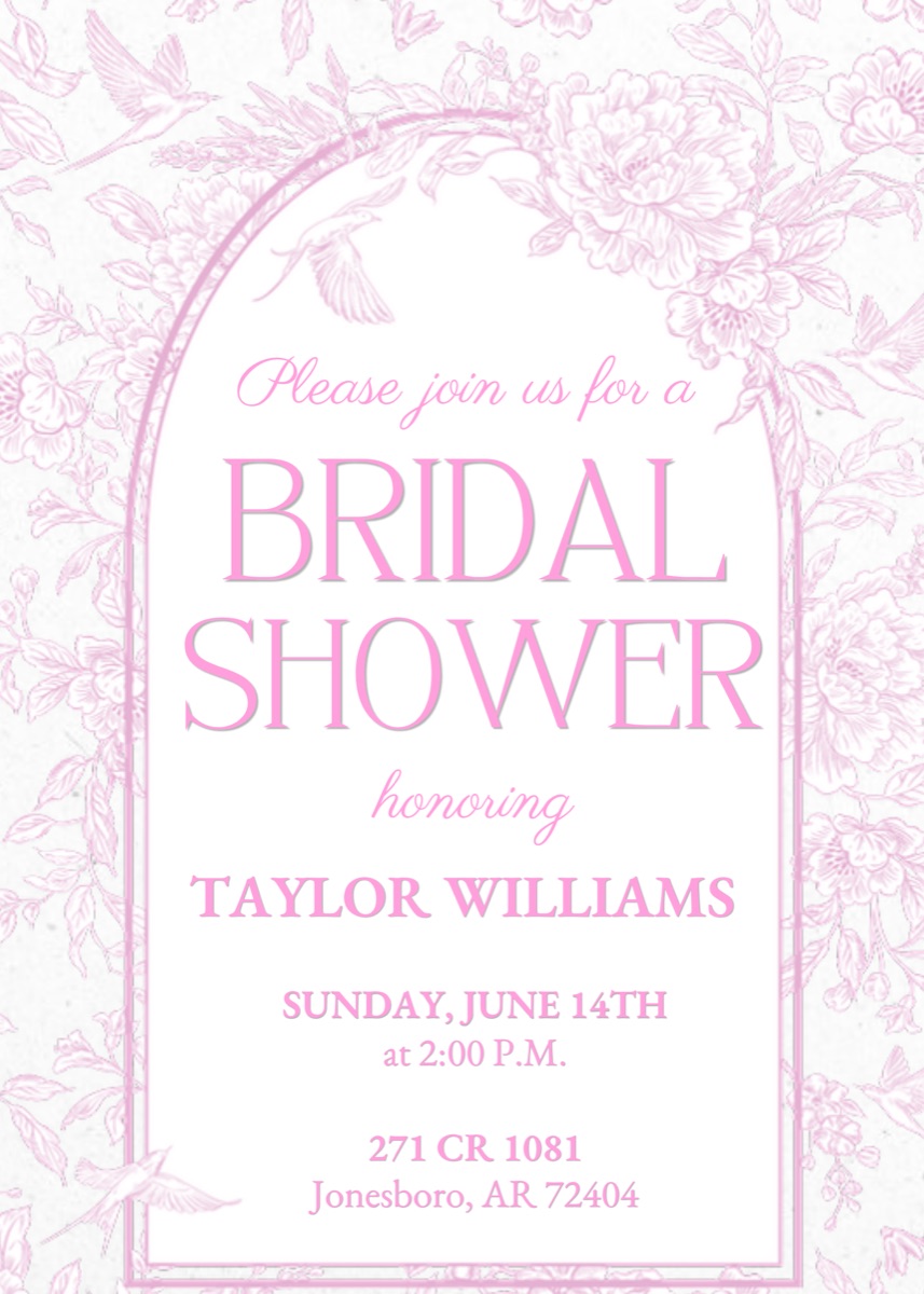 Pink toile bridal shower invitation with an arched frame