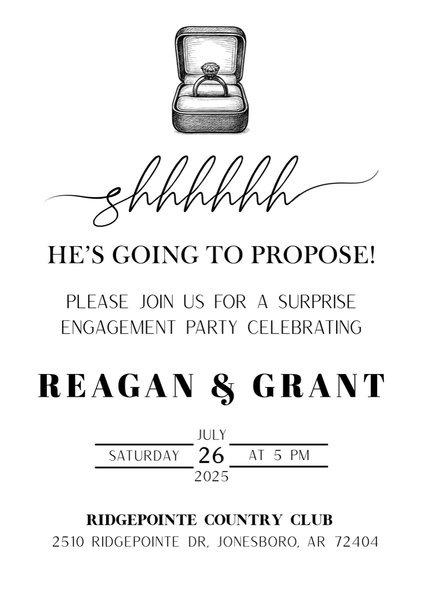 Black and white invitation reading shhhhhh, he's going to propose