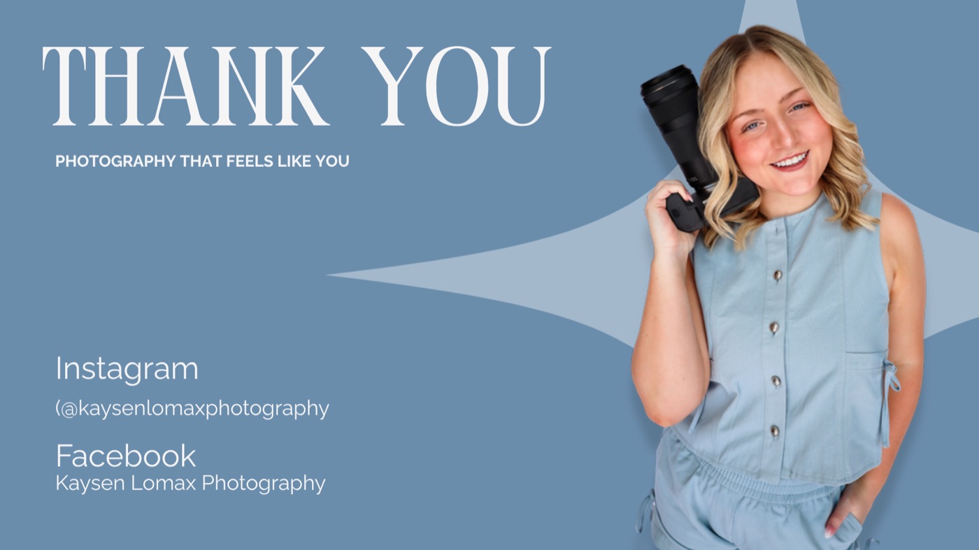 Brand deck closing slide reading Thank You with Kaysen holding a camera