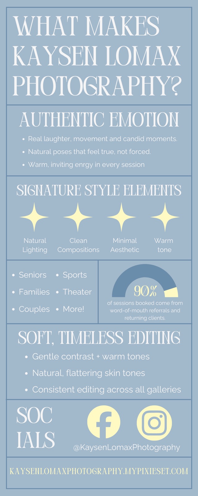 Tall Instagram infographic titled What makes Kaysen Lomax Photography