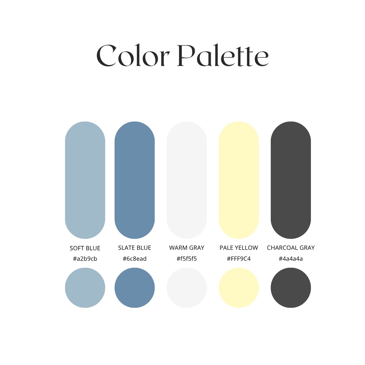 Color palette card with five named swatches and hex codes