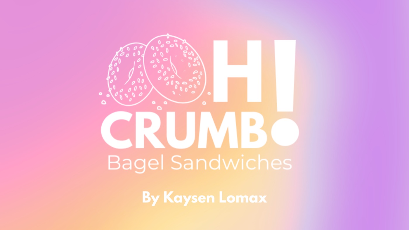 Oh Crumb Bagel Sandwiches logo in white line art on a pink to yellow gradient