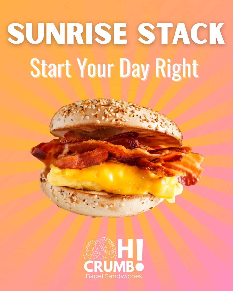Oh Crumb post: Sunrise Stack, a bacon and egg bagel on a sunburst