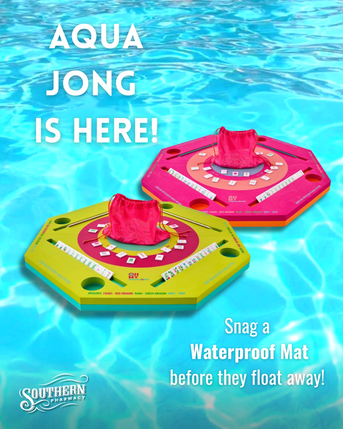 Pool water with floating mahjong mats and the headline Aqua Jong is here