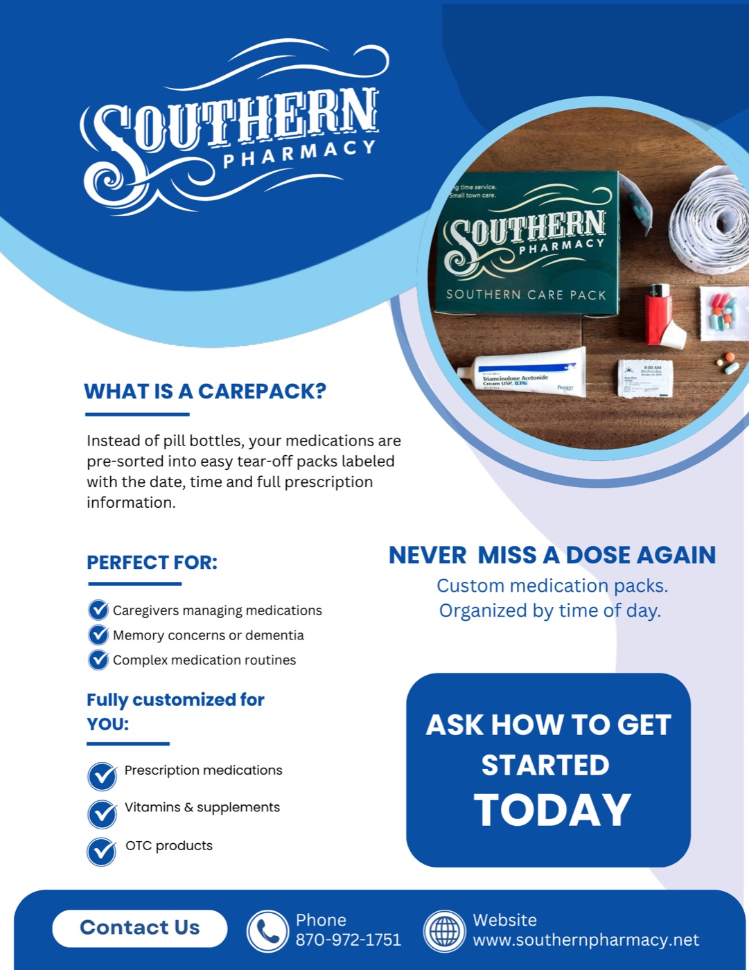 Blue and white flyer explaining Southern Pharmacy CarePacks