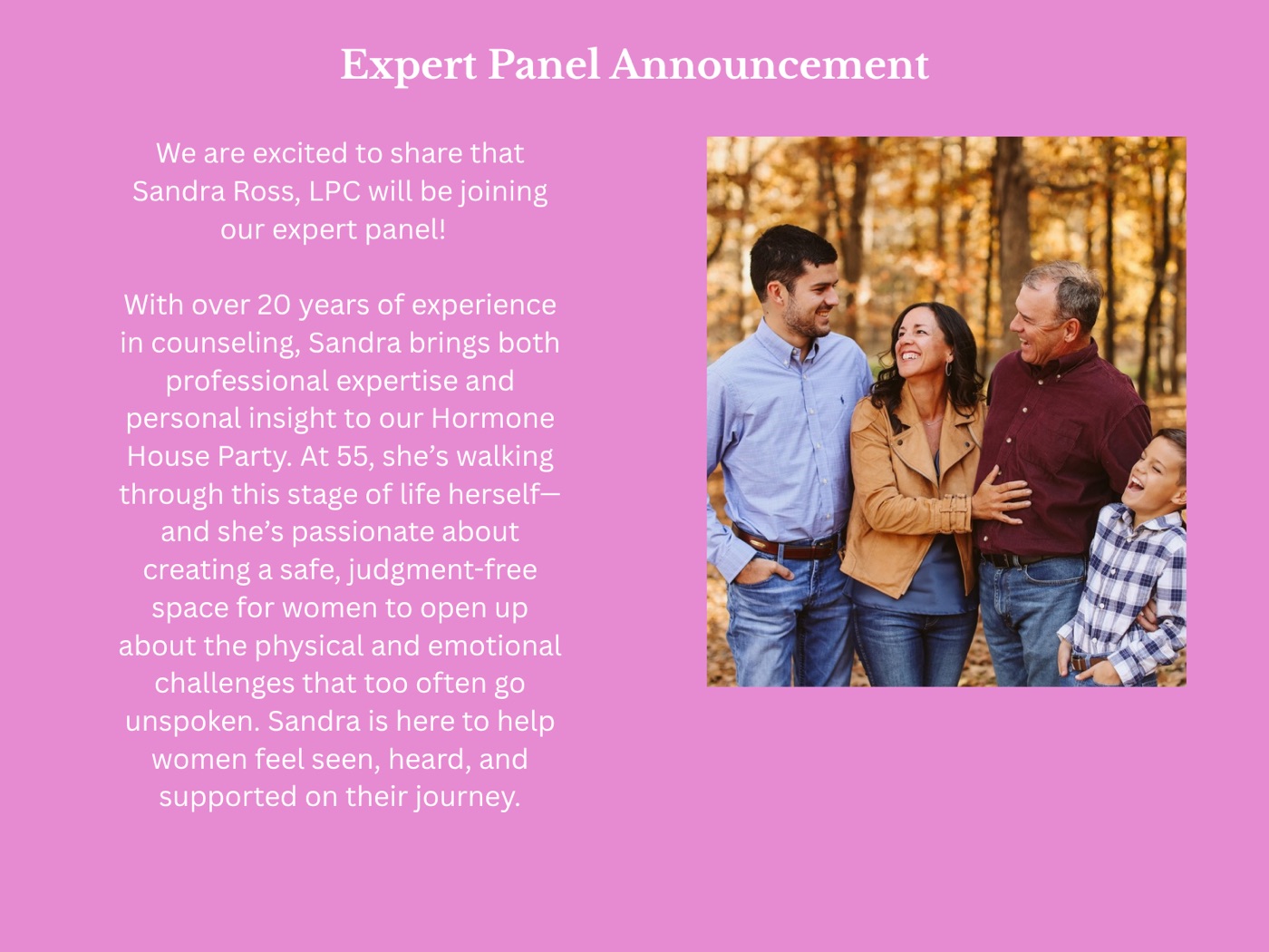Pink announcement introducing a counselor joining the Hormone House Party expert panel