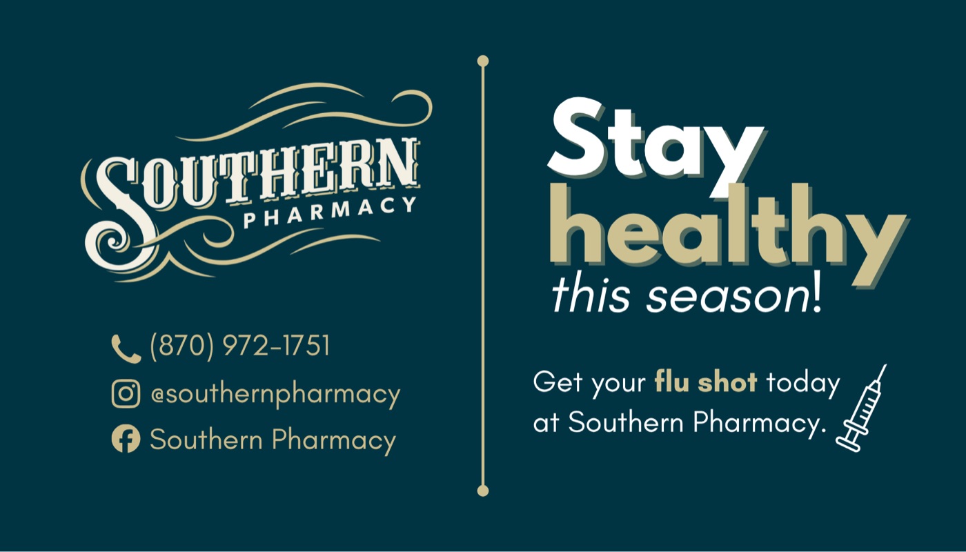 Dark teal card reading Stay healthy this season, get your flu shot today