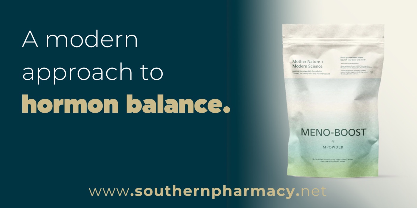 Web banner reading A modern approach to hormone balance with a Meno-Boost pouch