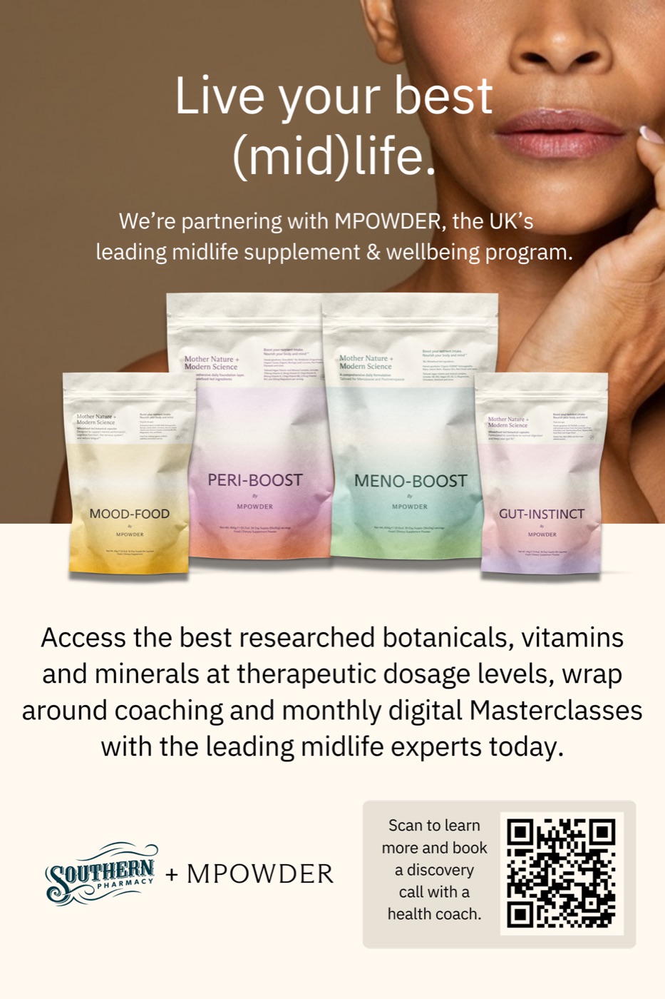 4 by 6 MPowder flyer with a QR code to book a health coach