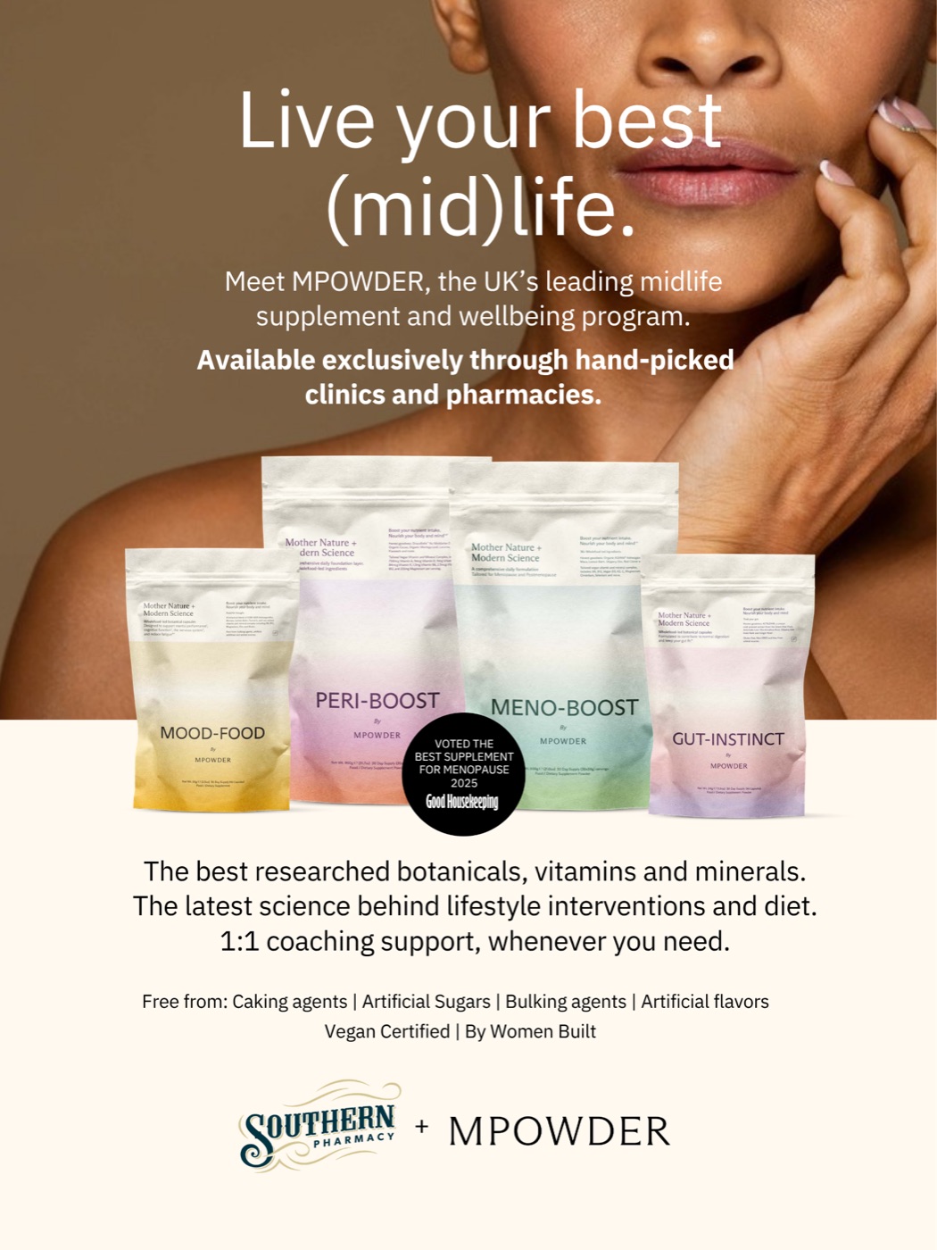 18 by 24 poster reading Live your best midlife with four MPowder pouches