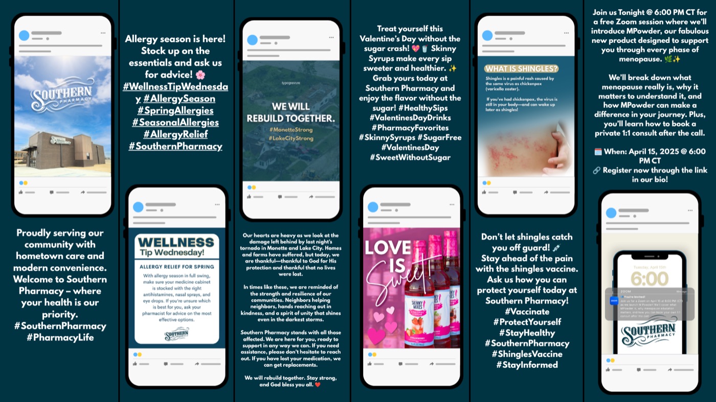 Six Instagram posts mocked up in phone frames with their captions