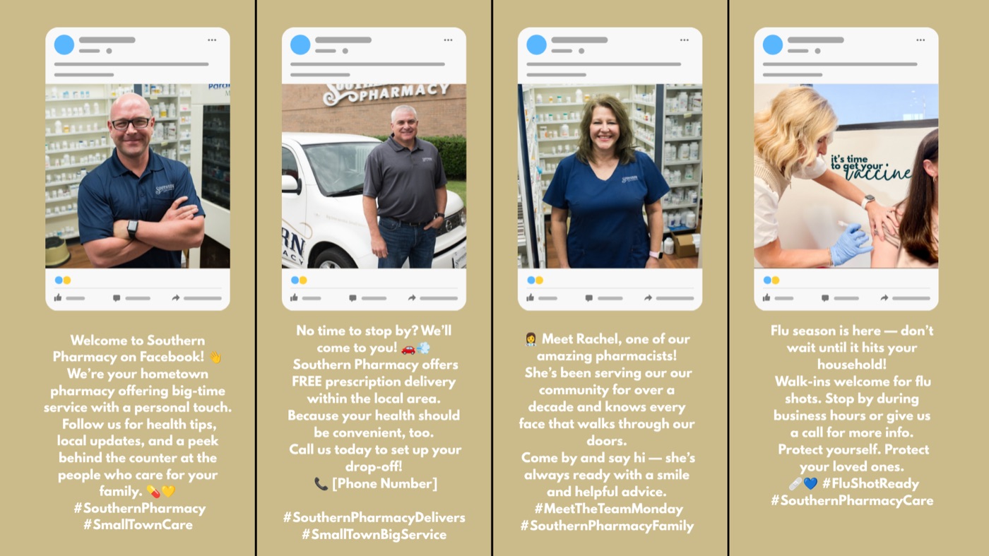 Four Facebook posts mocked up on a sand background: team, delivery, pharmacist, flu shot
