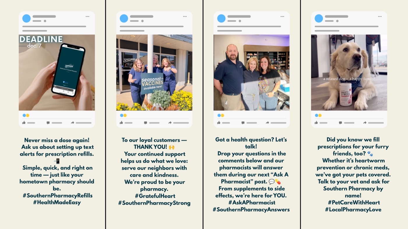 Four more Facebook posts mocked up on a cream background: refill alerts, thank you, ask a pharmacist, pet meds
