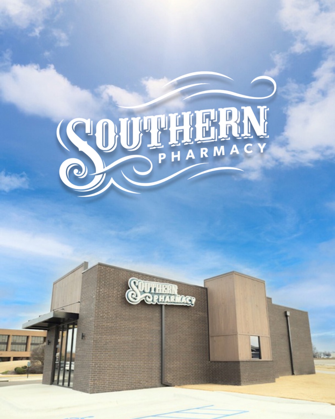Southern Pharmacy logo in the sky above the brick storefront
