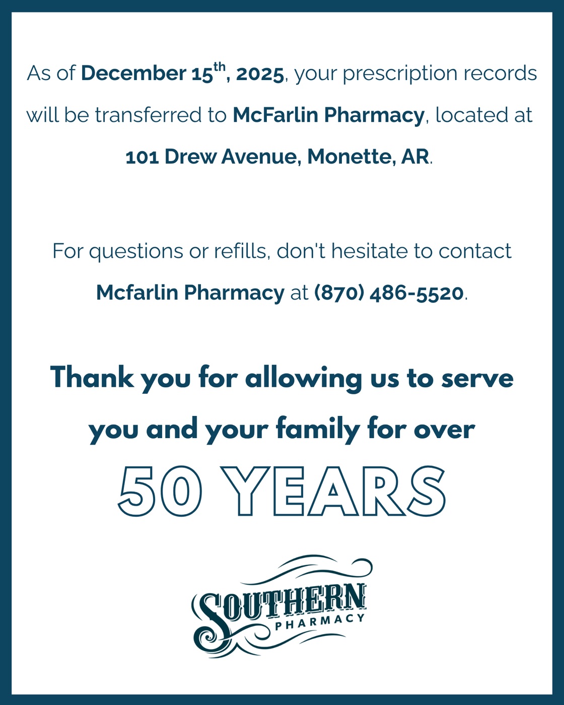 White post announcing prescription records transfer to McFarlin Pharmacy and thanking customers for over 50 years