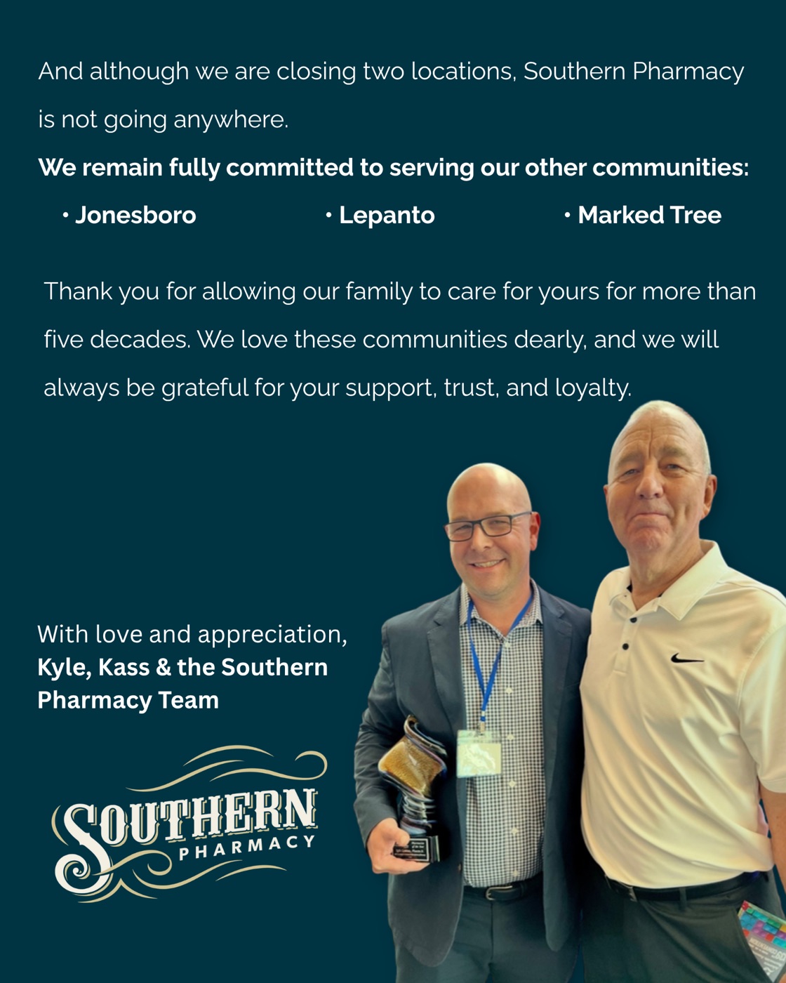 Teal post with the two owners pictured, signed Kyle, Kass and the Southern Pharmacy team