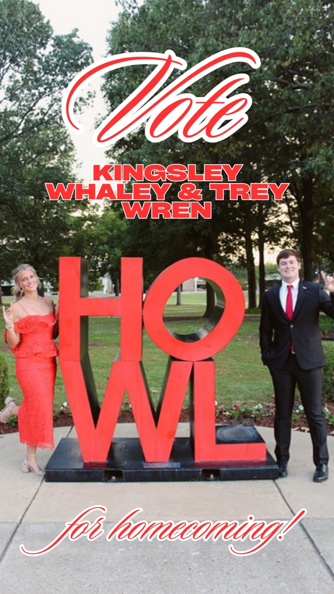 Vote for homecoming story with red script over a photo of a couple by a HOWL sign
